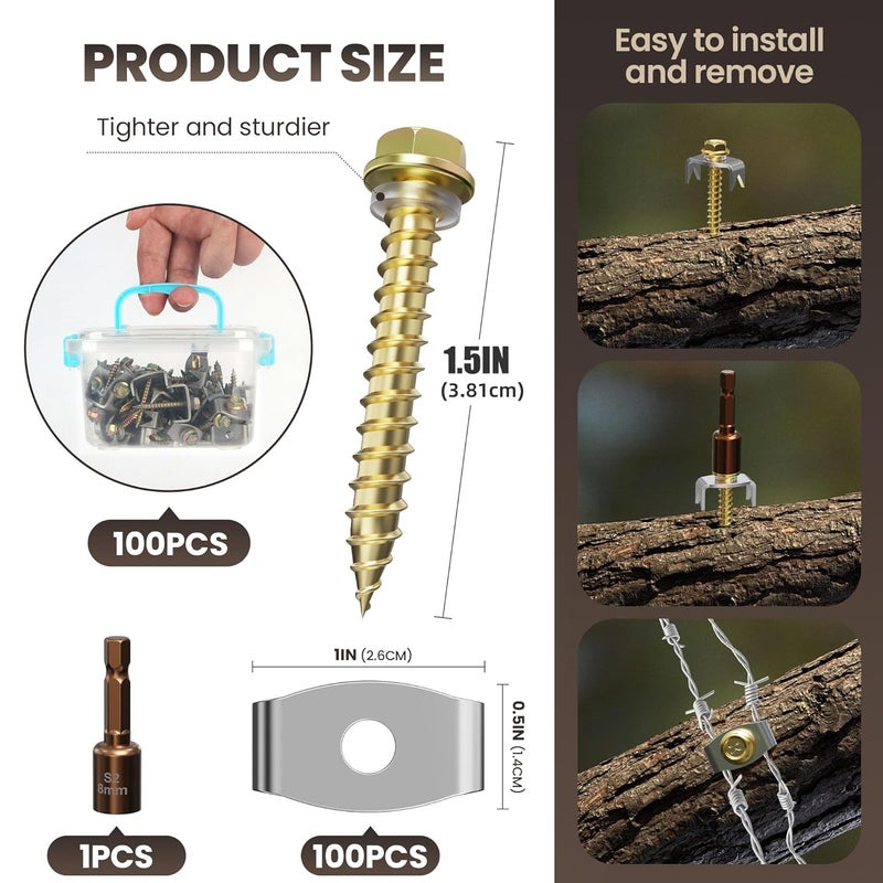 Dabolang 100 PCS Wire Fence Staples with Wire Fixer, Fence Fasteners for Wire Fencing, Fence Post Screws for Softwoods, Reuse/Easy Remove Fence Nails for Mesh and Woven Fencing Repair - Image 2